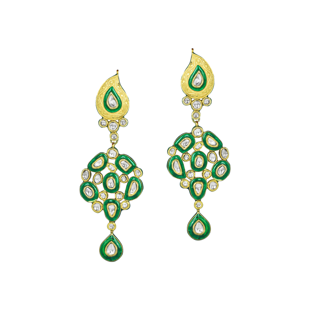 Cascading Polki Earrings with Green Enamel and Teardrops